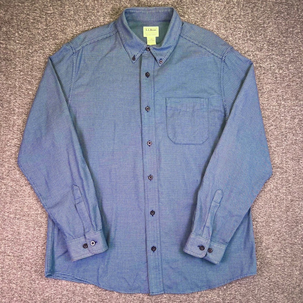 LL Bean Shirt Men L Blue Green Houndstooth Flannel Slightly Fitted Casual Preppy